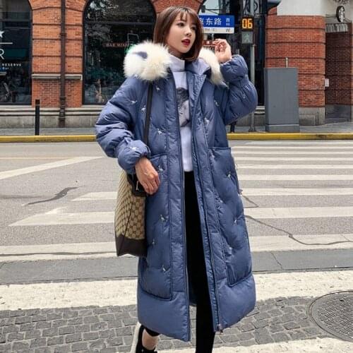 Female Winter Blue Jackets Leisure Korean version Lady Straight Tube Cotton Clothes Hooded Warm Thick Coats Womens Long Clothing