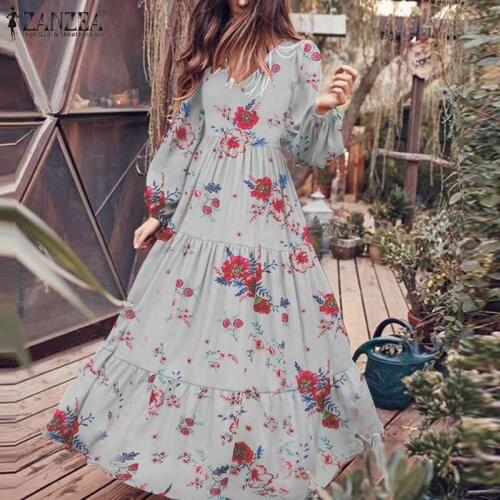 Womens Autumn Long Dress Vintage Floral Printed Vestidos Fashion Puff Sleeve Robe Femme Plus Size ZANZEA V Neck Ruffle Dress 5XL