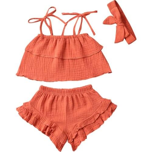 2020 Summer Cltton Linen Baby Girls Knitted Clothes Straps Sleeveless Ruffled Vest Top Bloomer Shorts Headband 3Pcs Kids Outfits