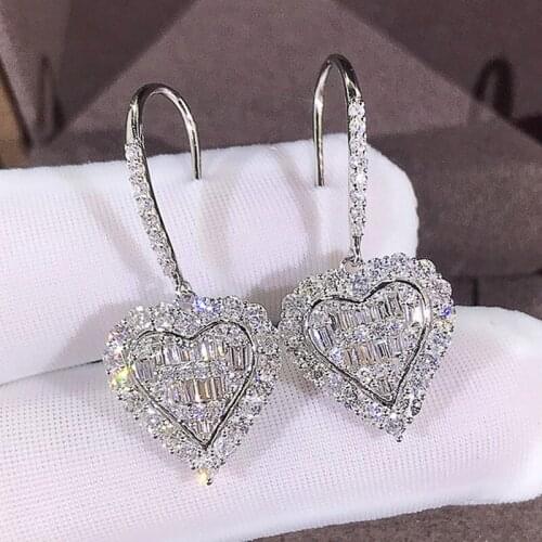 2021 Luxury Designer Full AAA White Zircon Heart Dangle Earrings For Women Silver Plated Female Drop Jewelry Wedding Party Gifts