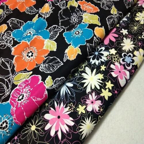 50x120cm Pretty Brand Design Black Colorful Flowers Printed Cotton Spandex Stretchable Fabric For Cloth Apprael Dress Home Decor