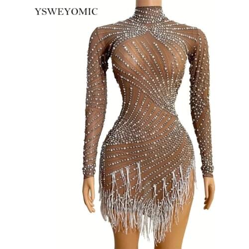 Shining Pearl Rhinestones Transparent Fringed Mini Dress Birthday Celebration Dress Evening Prom Outfit Women Bar Nightclub Outf