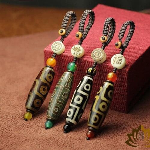 Nine Eye Tibet Dzi Pendant Keychain Keyring Natural Stone Materials Fashionable Style Tibet Heaven Bead Bring Good Luck