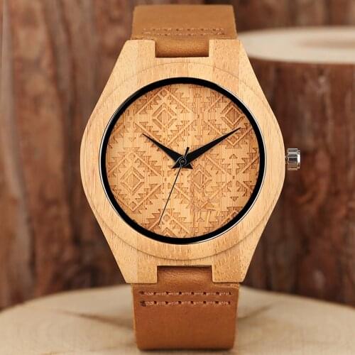 Montre Femme Wooden Watches Argyle Carving Dial Quartz Analog Watch Leather Watch Strap Men Watch Gifts Reloj De Madera