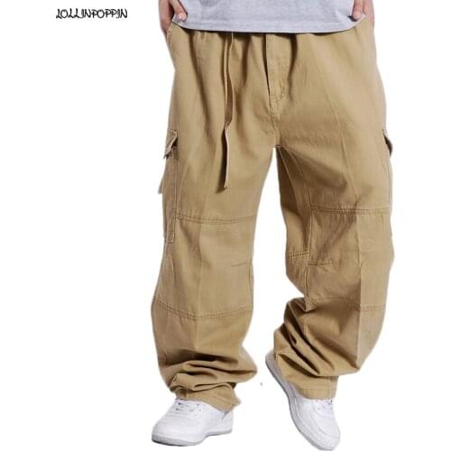 Men Baggy Cargo Pants Khaki / Black / Gray / Army Green Elastic Waist Mens Multi-Pockets Cotton Pants Plus Size Wide Leg Pants