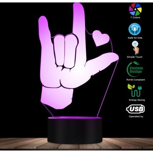 I Love You ASL American Sign Language 3D Optical illusion Light USB Modern Night Lamp Glowing LED Light Home Decor Desk Lamp
