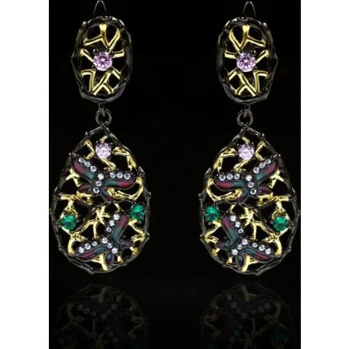 Exquisite Bohemian Hollow Leaf Color Zircon Earrings Butterfly Dragonfly Earrings Black Gold Style 925 Silver Ladies Jewelry