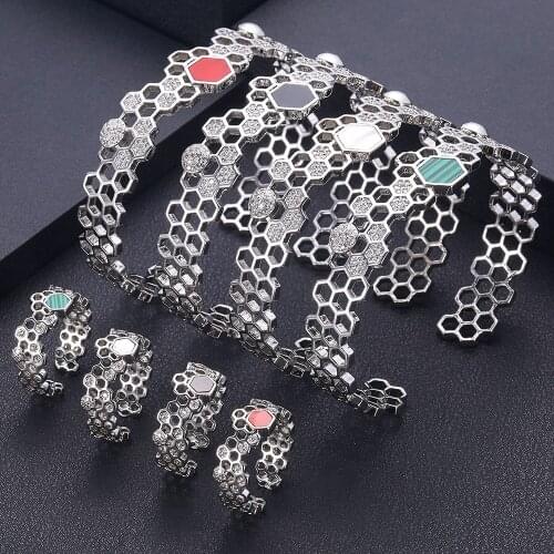 Jankelly luxury Unique African Bangle Ring Set Jewelry Sets For Women Wedding Cubic Zircon Crystal CZ Dubai Bridal Jewelry Set