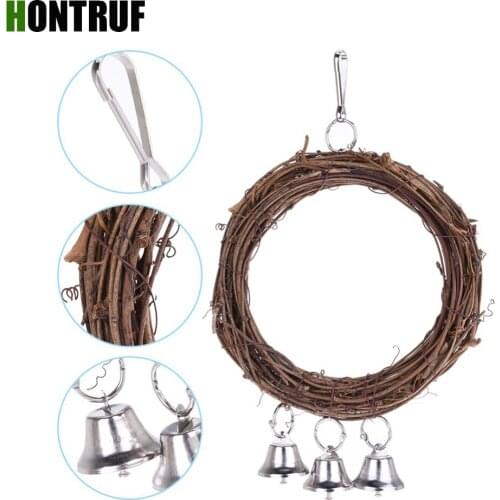 Rattan Ring Swing Budgie Cockatiel Peony Parrot Natural Wood Bell Attractive Pet Toy Hangable Parrot Accessories Bird Stand