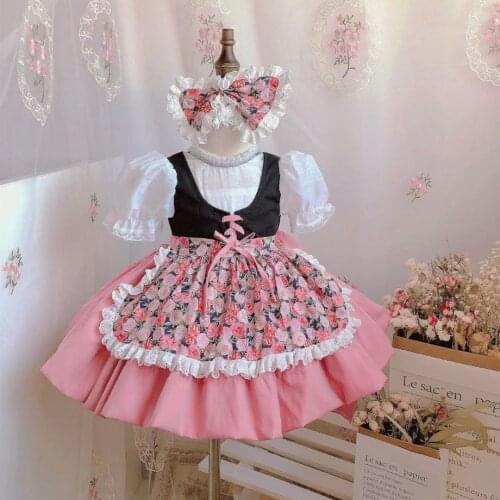 Baby Girl Summer Pink Rose Floral Vintage Princess Dress with Apron Headband for Party Casual