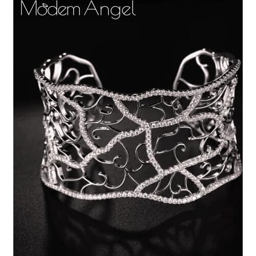 ModemAngel Luxury Delicate Lace Flower Cubic Zirconia Luxury Super Copper Women Party Engagement Width Bracelet Bangle And Ring