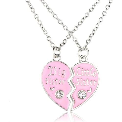 Hainon Fashion 2 pcs/set "Big&Little sister" Pink Heart shaped Zircon Pendant Necklaces Sister Chains Best Friends Forever Gift