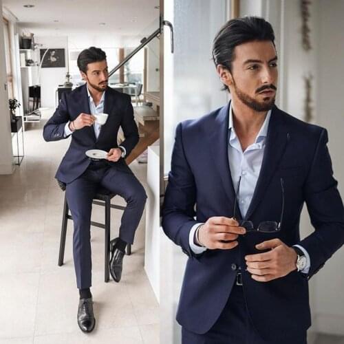 Navy Blue Mens Suits Groom Tuxedos Groomsmen Wedding Party Dinner Men Latest Designs Best Man Suits 2 Piece Jacket Pants Set