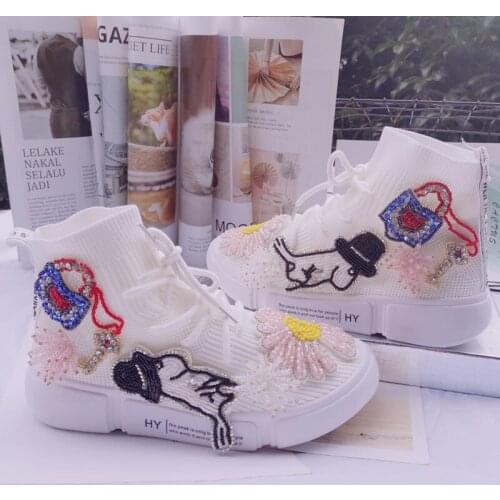2021 new European station heavy industry flowers casual white shoes national tide brand low-top socks shoe covers feet