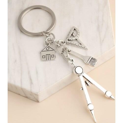 New Home Keychain Building Key Ring Triangular Rule Brush Conpass House Key Chain For Architect Engineer Drawing Gifts Jewelry