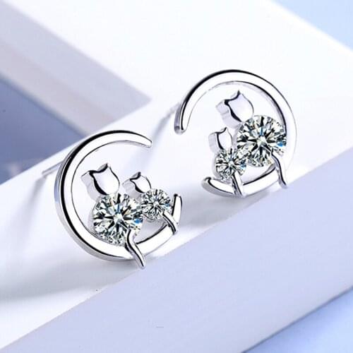 New Fashion Double Lovely Cat Stud Earrings for Women Girl Cute Cubic Zirconia Animal Moon Earring Wedding Engagement Jewelry