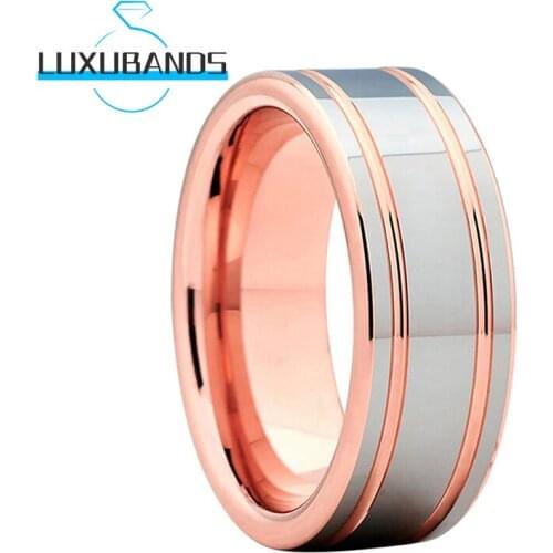 Wedding Rings For Men Wemen 8MM Tungsten Engagement Bands Rose Gold Offset Two Grooved Polished Finished Comfort Fit