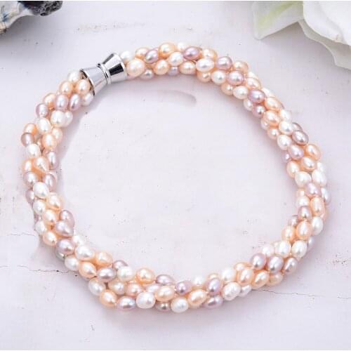 20'' 4 Strands 9-10MM Multi Color Rice Pink White Purple Pearl Necklace For Women