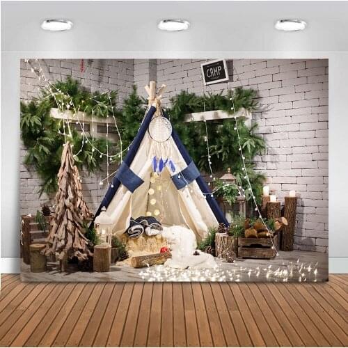 Christmas Themed Camp Backdrop White Brick Wall Winter Go Camping Background Photo Studio Newborn Baby Green Garland Photocall