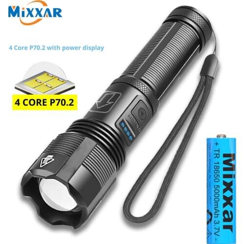 ZK20 Super Bright 4 Core P70.2 LED Flashlight with Battery Display 5 Lighting Modes for Adventure, Hiking, Camping, Hunting, etc
