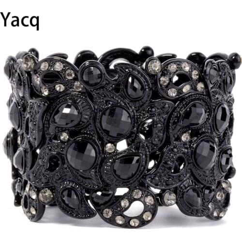 YACQ Stretch Bracelet Vintage Flower Crystal Women Fashion Jewelry Gifts B10 Wholesale Dropshipping Black Gold Silver Color