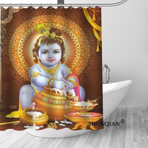Custom Lord Krishna Hot Polyester Fabric Printing Shower Curtain 12 Hooks For The Bathroom 3D Waterproof Bath Curtain