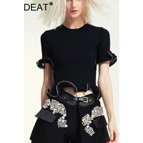 [DEAT] Women Black Zipper Wave Ruffles Skinny Short T-shirt New O-neck Short Sleeve Fashion Tide Summer autumn 2021 3D01683