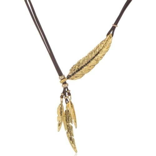 Women Feather shape leaf tassel pendant Antique gold silver color Leather rope chain necklace girl
