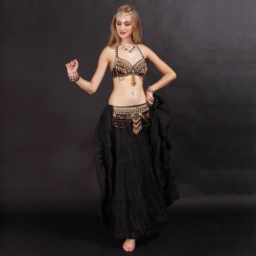 Performance Tribal Belly Dance Clothes for Women 3 Pieces Outfit Set Antique Bronze Beads Bra Belt Skirts Gypsy Dance Costumes