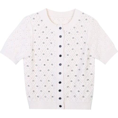 Women Short Sleeve Knitted Cardigan 2021 Fashion Runway Diamonds Beaded Plaid Short Sewater Knit Top Jacket