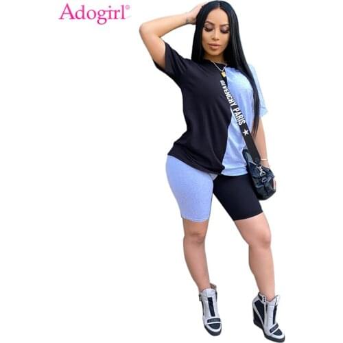 Adogirl Plus Size S-3XL Color Patchwork Casual Two Piece Set Women Fashion Summer Tracksuit Short Sleeve Loose T Shirt Shorts