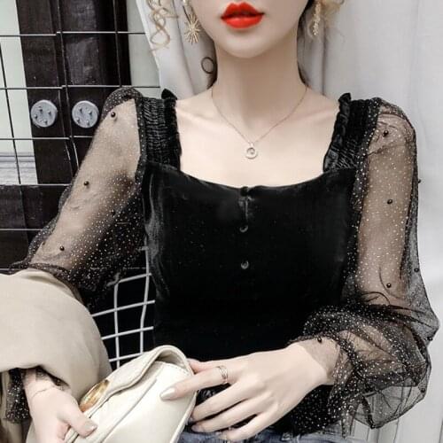 #1993 Black Pink Short Velvet Blouse Women Spliced Gauze Long Sleeve Sexy Basic Tops Ladies Square Collar Cute Slim Blouse Femme