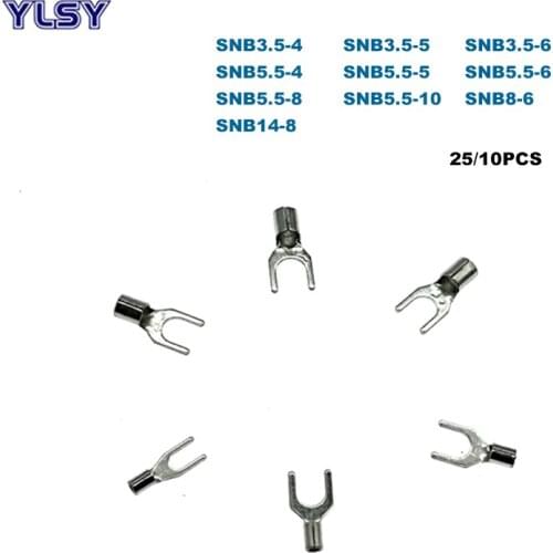 25/10pcs Spade Bare Crimp Terminals Electrical Cord End Wire Connector SNB3.5/5.5/8/14 Cable Ferrules 14-6AWG 2.5-16mm2