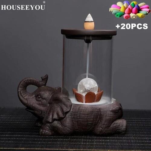 Elephant Shape Purple Clay Backflow Incense Burner Household Aromatherapy Decoration Holder with Lamp