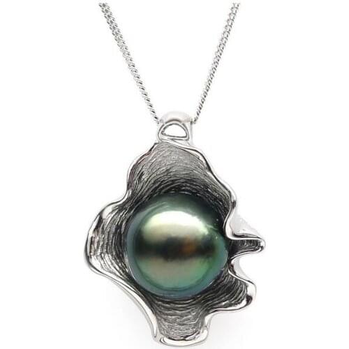 Free Shipping 11.5-12mm Round Green Real Tahitian Cultured Pearl Pendant 925 Sterling Silver