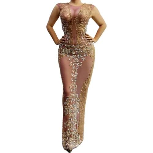 Sparkly Gold Rhinestones Mesh Transparent Long Dress Women Birthday Celebrate Outfit Singer Wear Bar Evening Prom Party Dresses