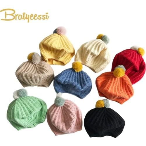 Cute Pom pom Baby Hat for Girls Beret Hats Baby Beanie Elastic Knitted Winter Hat for Kids Cap Children Hat 1PC