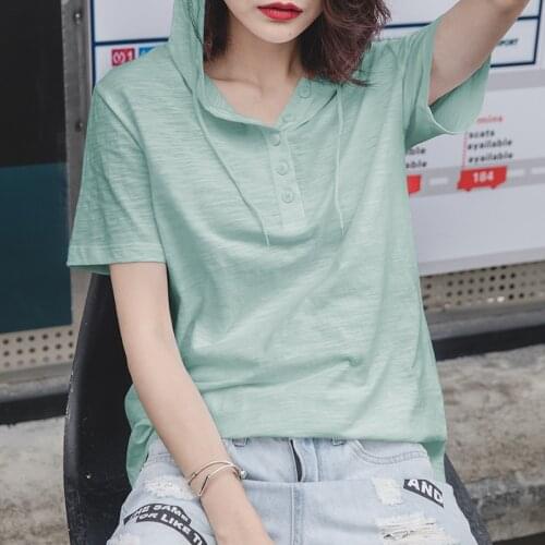 Summer short sleeve bamboo cotton hooded T-shirt womens pullover top Korean womens loose half sleeve V-neck cotton base shirt