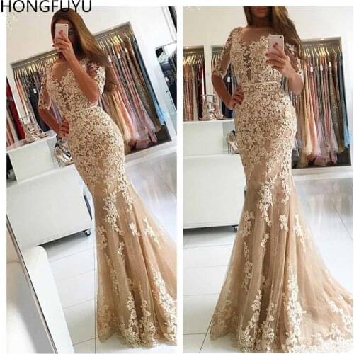 HONGFUYU Lace Champagne Evening Dresses Half Sleeves Mermaid Party Prom Dress Womens Formal Dress vestido de festa Appliques