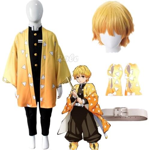 Boys Anime Demon Slayer Kamado Nezuko / Agatsuma Zenitsu Full Cosplay Including Kimono Wig Set Kids Cosplay Costume for Girls