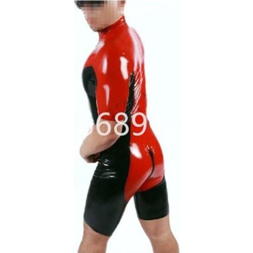Red with black latex body suits short sleeves Latex conjoined tights handmade high quality