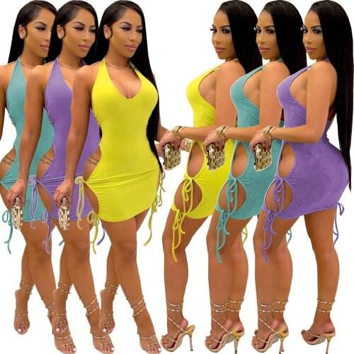Summer Solid Womens Dress 2021 Sexy Deep V Neck Halter Backless Hollow Out Lace Up Bodycon Mini Club Party Dress Robe Lounge