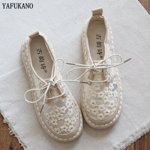 Mori Literary Retro Lace Mesh Breathable White Flats Round Head Lace-Up Flat Casual Shoes Handmade Comfort Soft Sole Single Shoe