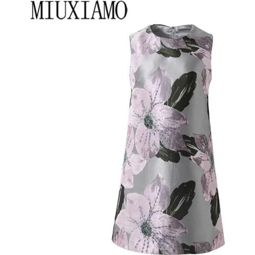 MIUXIMAO 2020 Summer dress Party dress High Quality Pink Flower Jacquard weave Diamonds Elegant Casual Dress Women Vestidos