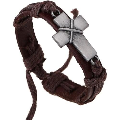 2017 New Arrival Men Bracelets Fashion Jewelry Man Alloy Cross Charm Handmade Casual Wristband Brown Genuine Leather Bracelet