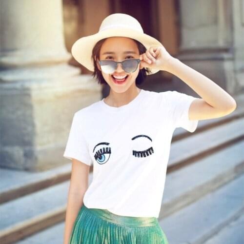 Whose New sequins body female wet eyes super fire cec made of pure cotton short sleeve T shirt loose half sleeve blouse