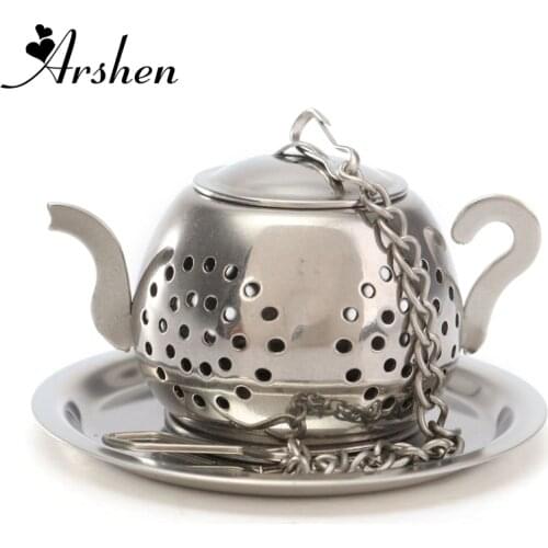 Arshen New Stainless Steel Loose Teapot Shape Tea Leaf Infuser with Tray Lovely Convenient Spice Drinking Strainer Herbal Filter