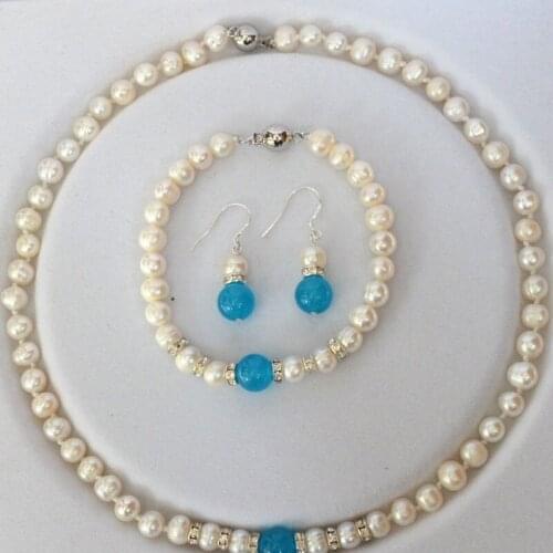 New 7-8mm White Pearl & aquamarine Necklace blue bracelet Earring Set 18 "7.5"