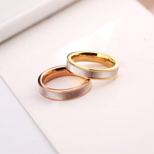 Rose Gold Color Stainless Steel Wedding Rings For Women Finger Jewelry, Simple Natural White Shell Ring Engagement Accessories