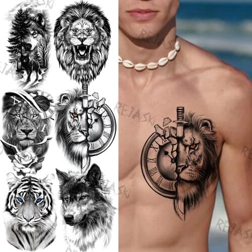 Lion Compass Armband Temporary Tattoos For Men Adults Tiger Viking Wolf Forest Fake Tattoo Sticker Chest Military Arm Tatoos